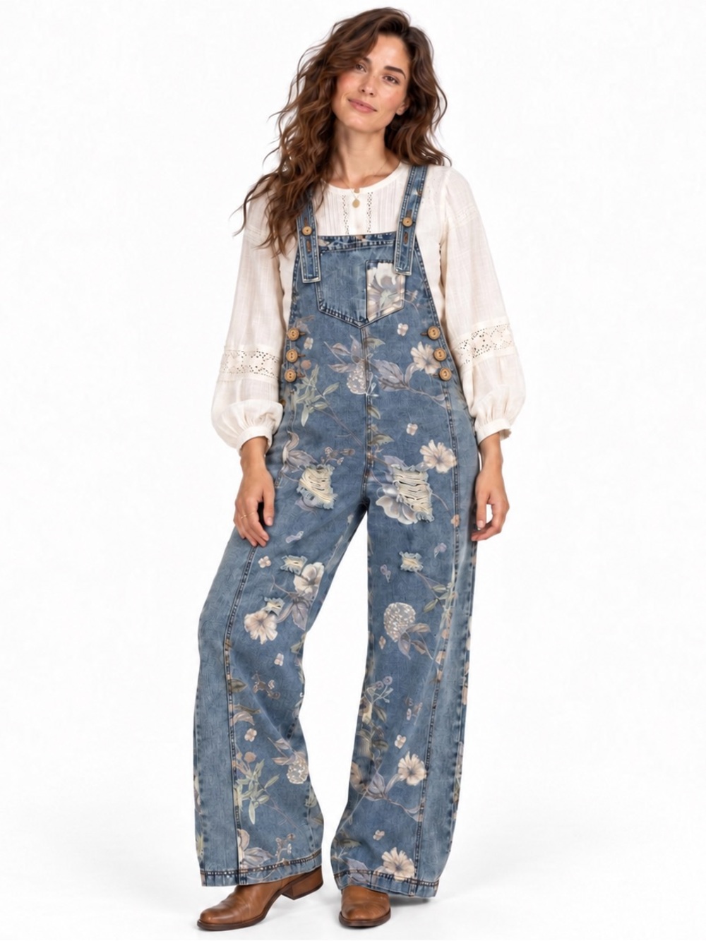 Floral Distressed Denim Wide Leg Bib Overalls Boho Jumpsuit Small Oversized